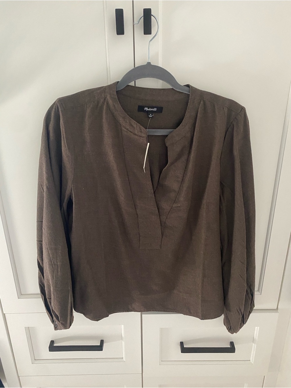 Madewell Brown Split V-Neck Long Sleeve Top
